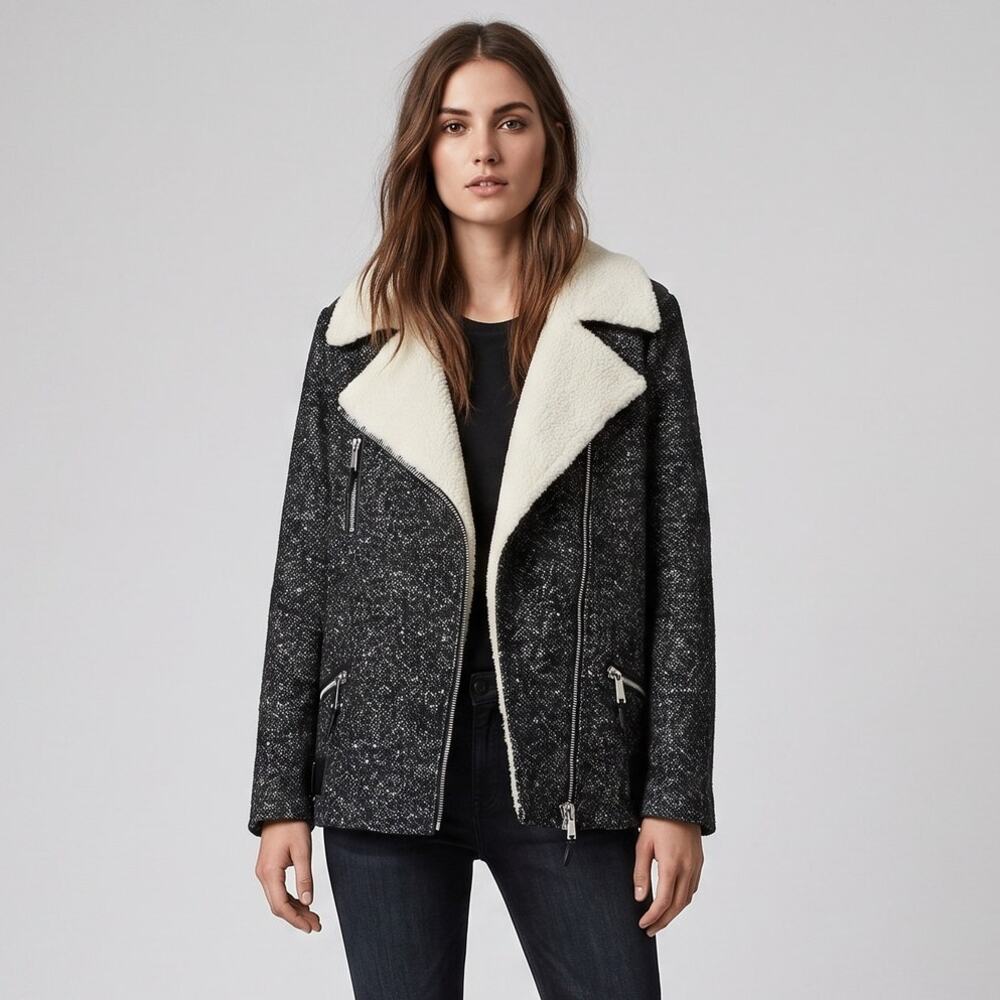 BCBGeneration Tweed Faux Shearling Moto Jacket Womens Size M Black White Sherpa